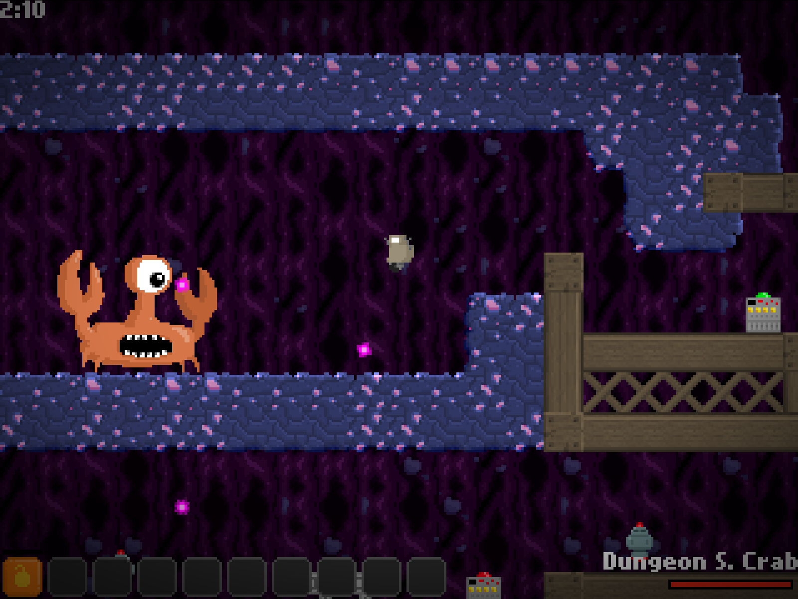 Robot fighting the giant Dungeon S. Crab boss in a purple cavern