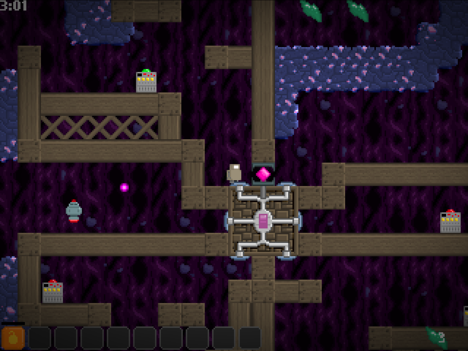 Robot exploring a purple cavern with wooden structures, machines, and a teleporter
