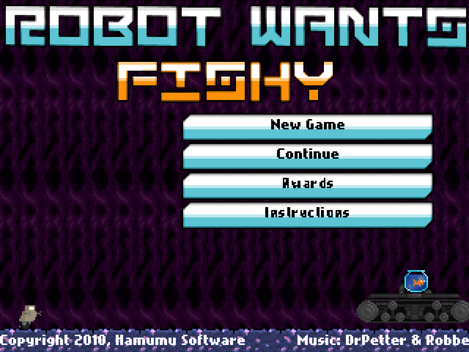 Robot Wants Fishy title screen with New Game, Continue, Awards, and Instructions buttons