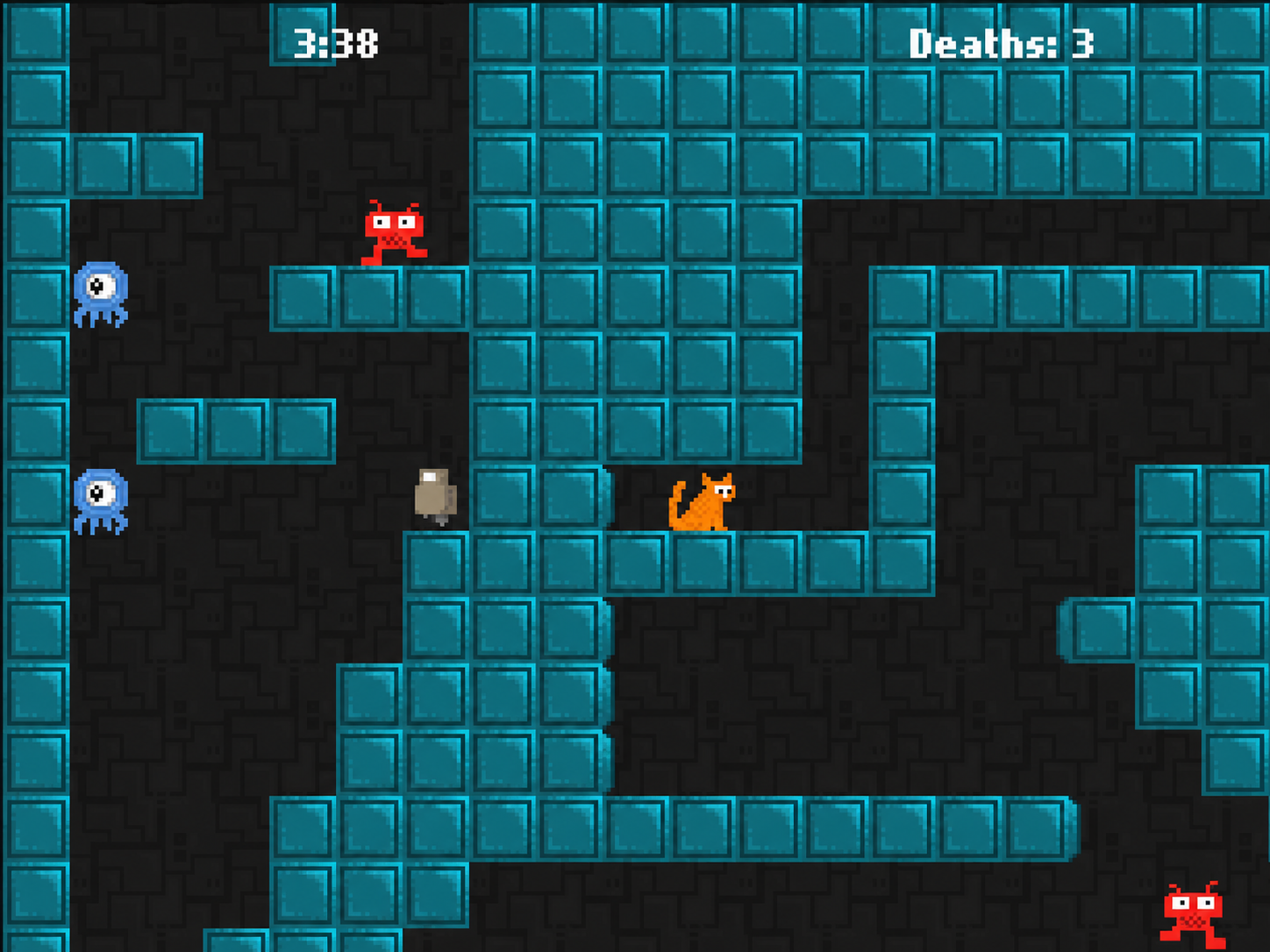 Robot exploring blue-tiled passages while enemies patrol near Kitty