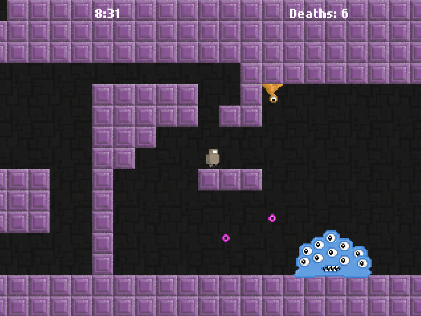 Robot facing a many-eyed blue boss in a purple-tiled chamber