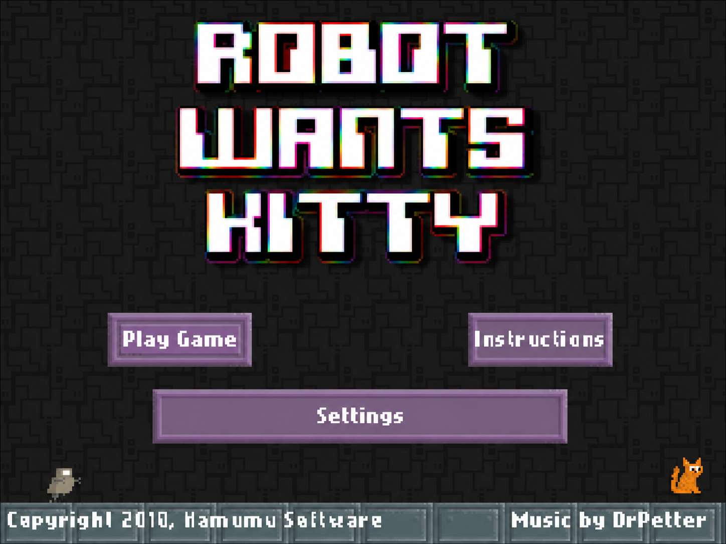 Robot Wants Kitty title screen with Play Game, Instructions, and Settings buttons