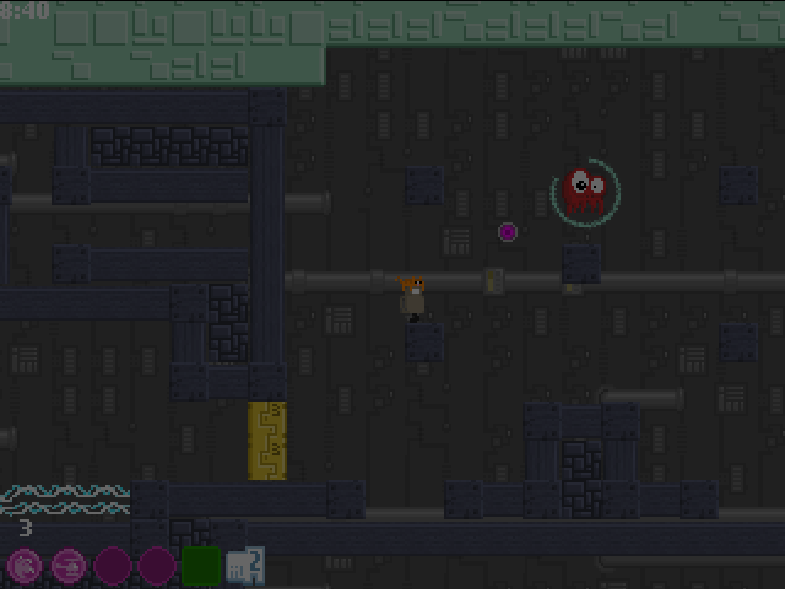Robot confronting a shielded red Hoverzorg boss in a dark industrial chamber