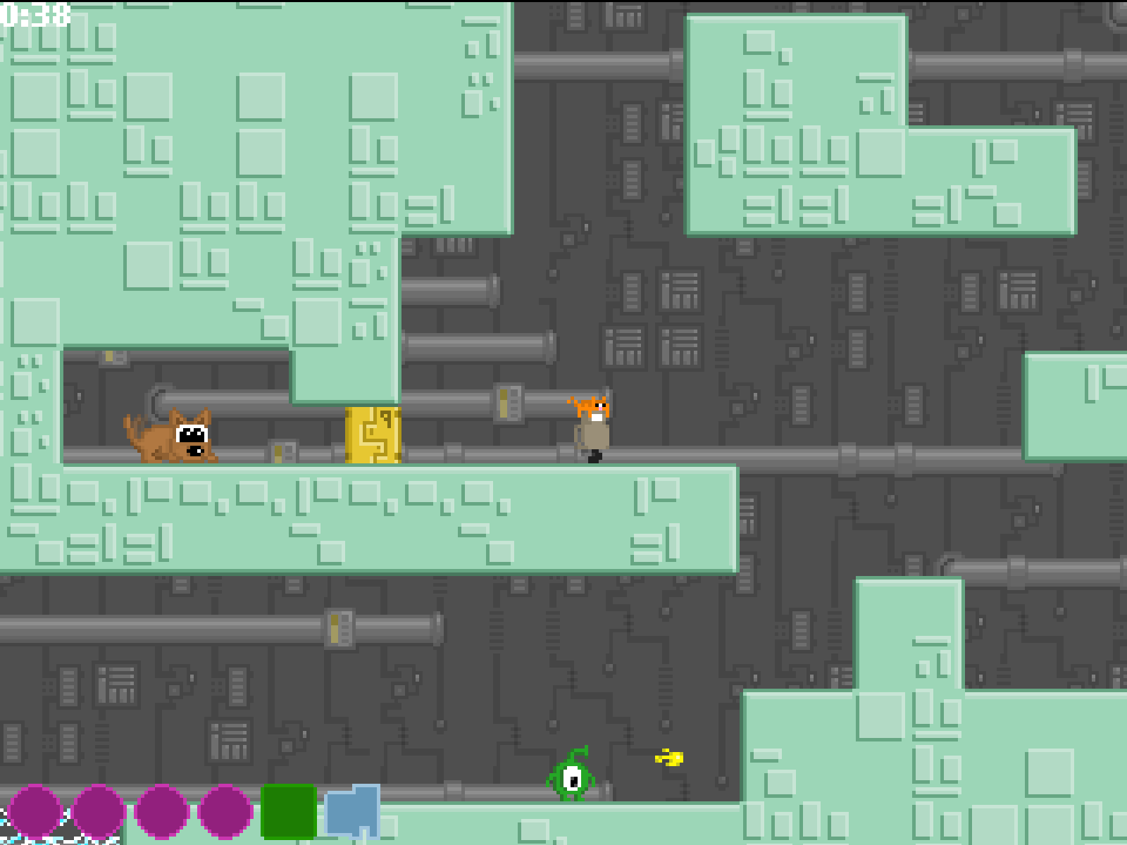 Robot and Kitty exploring a mint-green industrial chamber while an alien patrols below