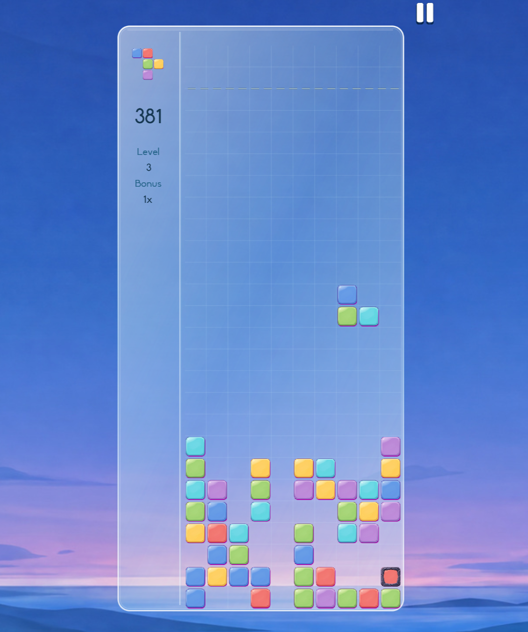 Redesigned Tetcolor game board with colorful tiles over a blue-and-pink landscape